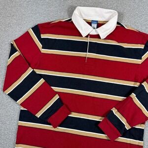 Old Navy Rugby Polo Shirt Men's Small Red Blue Striped Long Sleeve Preppy